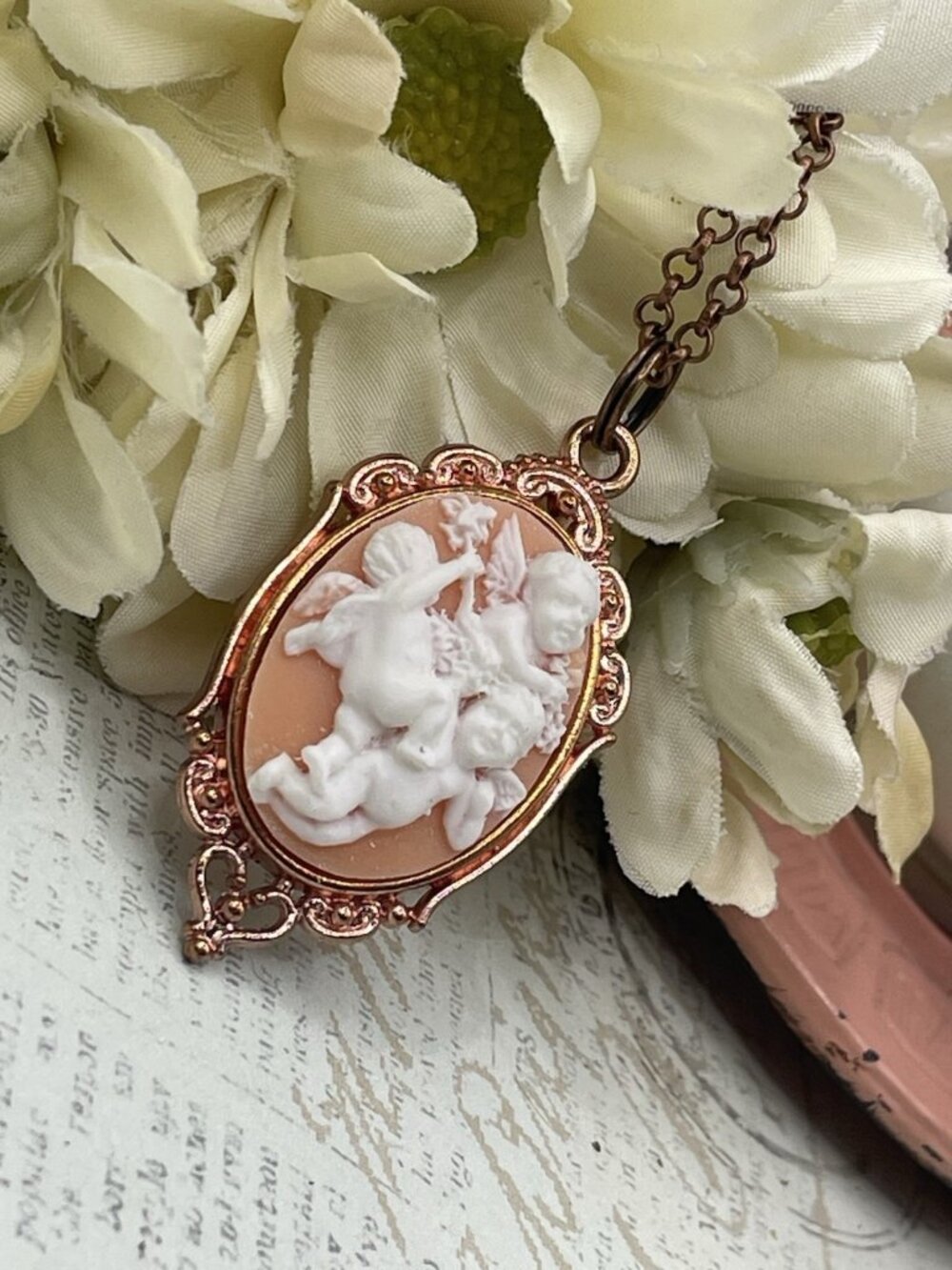 Peach Blush Cherubs Angel Rosetone Necklace Scroll Setting Gift Mom Wedding Wife